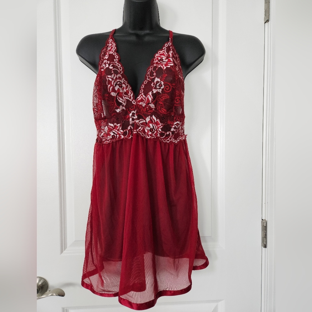 Babydoll Strap Halter Teddy V Neck Burgundy With Matching Panty Size XL NWOT